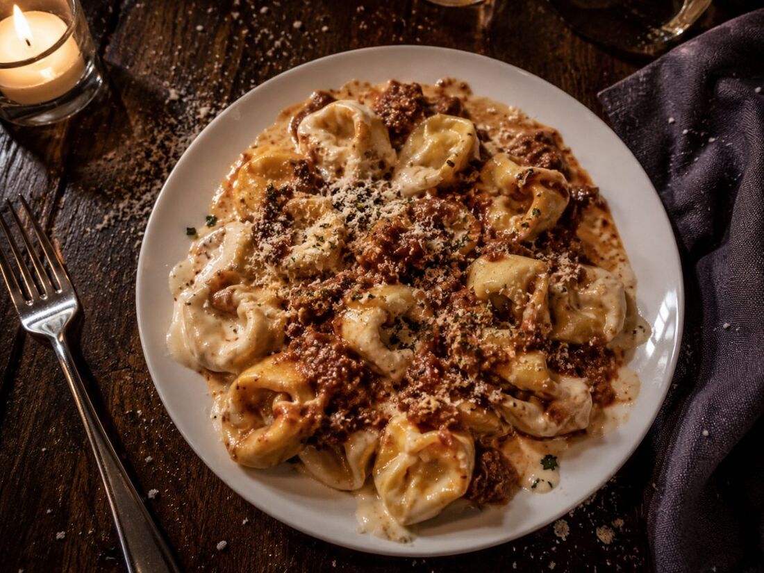 Pasta Connection Speciale, handmade tortellini in Alfredo and meat sauce